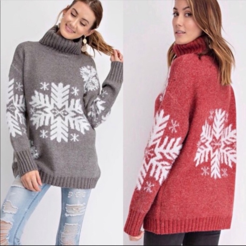 Easel LA Red Turtle Neck Sweater w snowflake - Picture 3 of 3